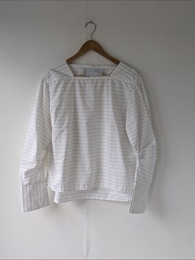 T LINE 100% Cotton White Pinstripe Square Neck Blouse Size S-M